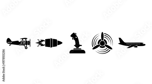 Set of black silhouette aviation icons featuring biplane, jet engine, flight joystick, spinning propeller, and passenger airplane, perfect for aerospace, travel, or gaming applications.