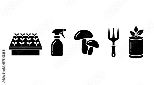 Black glyph icons depicting gardening tools, plants, and mushrooms, ideal for various digital and print applications. Perfect for horticulture, farming, and nature related projects.