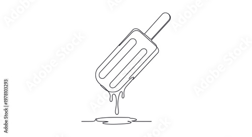Minimalist continuous line art drawing of a melting popsicle, symbolizing summer, refreshment, and sweet delights, ideal for various marketing and creative projects.