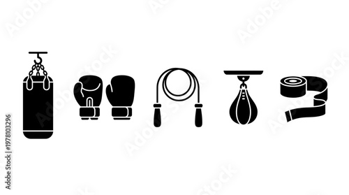 Comprehensive collection of boxing equipment icons for sports, fitness, and training, including gloves, bags, jump rope, and wraps, perfect for athletic designs.
