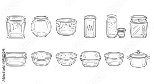 Outline drawings of various transparent kitchen containers, jars, and bowls for food storage, cooking, and home organization purposes.