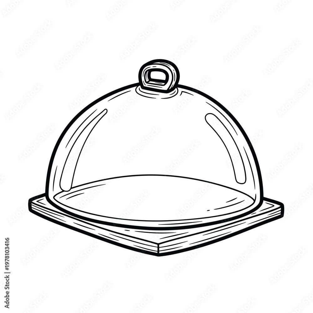 Fototapeta premium Cloche: An elegant cloche, with a clear dome atop a wooden base, is illustrated to show a design of the food protection. This drawing evokes a sense of protection and elegance.