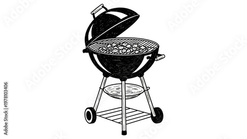 Monochromatic drawing of a charcoal kettle grill with an open lid, cooking food, ideal for summer outdoor dining, picnic advertisements, or culinary themed projects.