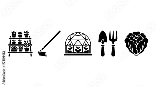 Set of monochrome glyphs for gardening, featuring plant shelf, hoe, greenhouse, spade, fork, and lettuce. Ideal for farming, cultivation, and nature concepts.