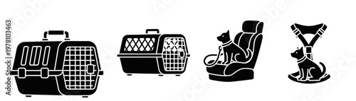 Collection of essential pet travel and safety gear, featuring sturdy carriers, car seats, and harnesses, ideal for ensuring pet comfort and security during transportation.