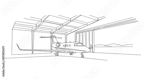 A line drawing depicts a luxury private jet inside a modern hangar, prepared for travel. Ideal for aviation, business, and luxury lifestyle visuals.