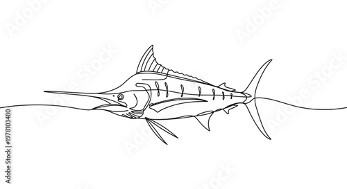 A sleek marlin fish captured in a single continuous line, highlighting its distinctive features and dynamic form, ideal for minimalist designs.