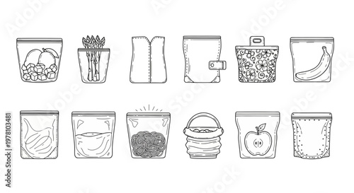 Outline drawings of diverse reusable food storage bags and containers for keeping groceries fresh, organizing kitchen, and convenient meal preparation.