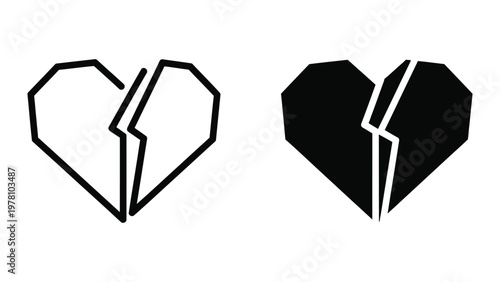 Two visually contrasting broken heart symbols with a geometric and solid design style