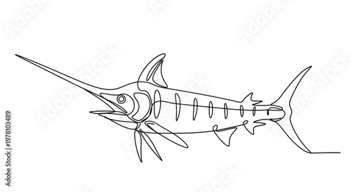 Striking continuous line depiction of a marlin fish embodies minimalist elegance. Ideal for marine wildlife projects, branding, textiles, and various visual presentations.