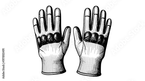 Black and white woodcut style depiction of two hands wearing durable work gloves, ideal for themes of protection, labor, safety, gardening, or historical document illustration.