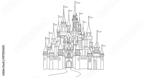 Detailed line drawing of a majestic fairy tale castle featuring multiple towers, flags, and an inviting entrance, perfect for storybooks or themed activities.