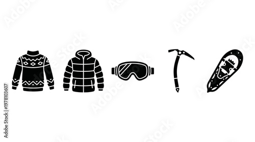 Set of essential winter and mountaineering equipment icons depicting cold weather clothing and tools for adventure sport projects.