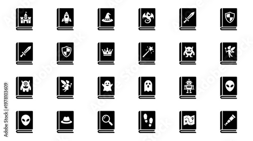 A collection of book genre icons depicting themes like fairy tales, scifi, horror, and mystery. Ideal for publishing, education, and digital interfaces.