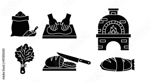 Set of baking and bread making process icons. Features flour, kneading, oven, and finished bread. Ideal for menus, recipes, or foodrelated designs.