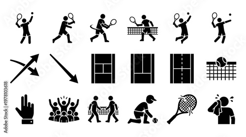 Dynamic tennis pictogram collection featuring players in action, court layouts, nets, and crowd, perfect for sports event promotion and instructional content.