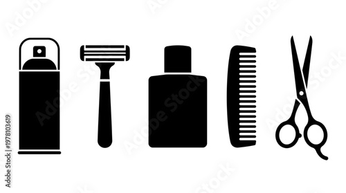 Collection of professional grooming instruments spray can, razor, bottle, comb, and scissors. Perfect for barbershop, salon, and personal hygiene related projects.