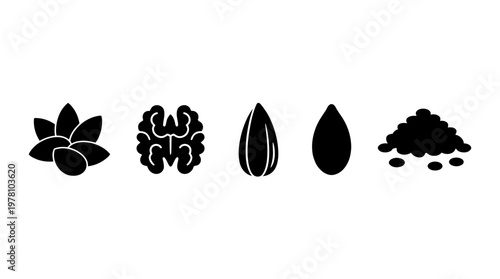 Assortment of black silhouette icons depicting various nuts and seeds, ideal for healthy eating, food packaging, and recipe design.