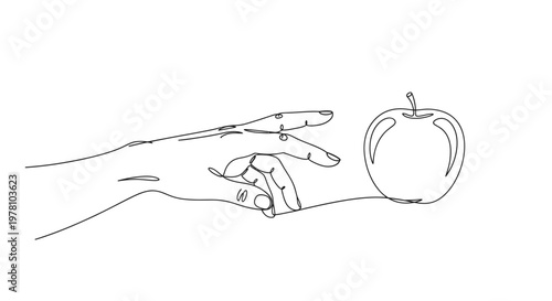 Minimalist single line drawing featuring a hand reaching for a fresh apple, symbolizing health, connection, and nature for various wellness projects.