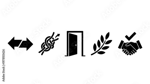 Set of black and white icons representing various business concepts including exchange, problem, opportunity, peace, and agreement, perfect for professional presentations and diagrams.