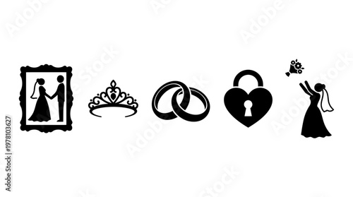 Elegant black silhouette wedding and marriage icons featuring a couple, tiara, rings, heart lock, and bouquet toss, perfect for romantic event design.