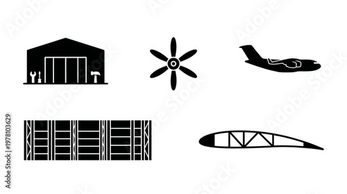 Set of aviation and engineering vector icons including a hangar, aircraft, propeller, tools, and structural elements. Useful for technical manuals, presentations, and educational content.