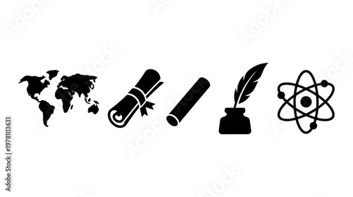 A versatile set of educational and scientific icons including world map, diploma, quill, and atom, ideal for various learning materials and academic projects.