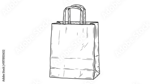 Handdrawn sketch of a blank paper shopping bag, perfect for retail branding, ecofriendly packaging, and various graphic design projects as a versatile carrier template.