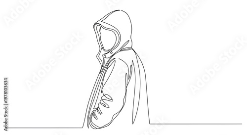 Abstract continuous line drawing of a mysterious person wearing a hood, symbolizing anonymity, protection, or urban solitude for modern visual projects.