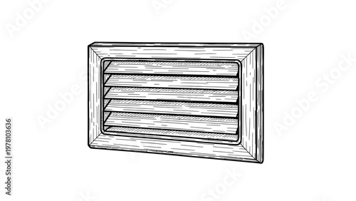 Black and white sketch of a wooden louver vent, ideal for architectural concepts, ventilation system diagrams, and decorative home improvement projects.