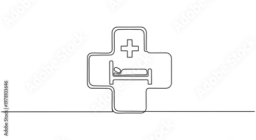 Minimalist continuous line art showing a medical cross with a bed, symbolizing healthcare, patient care, medical facilities, and recovery concepts. Ideal for modern healthrelated designs.