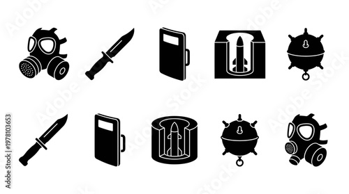Black silhouette military and defense equipment icons. Includes gas mask, combat knife, shield, missile, and naval mine for securityrelated graphic resources.