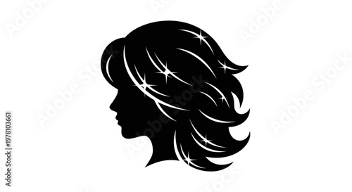 Stylish woman silhouette with shimmering wavy hair, ideal for feminine branding, personal care services, hairstyling, and wellness product marketing.