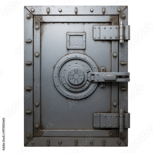 Heavy duty steel bank vault door with circular combination lock on a clean white background view isolated on a transparent background