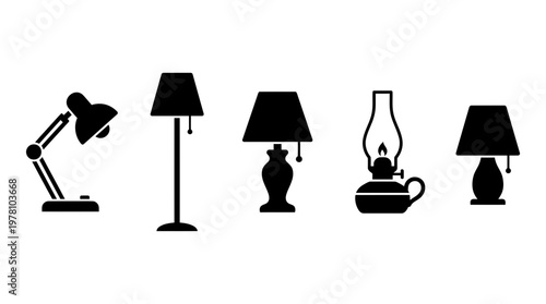 Set of diverse lamp silhouettes, including modern and classic designs, suitable for home decor, product catalogs, and lighting concepts.