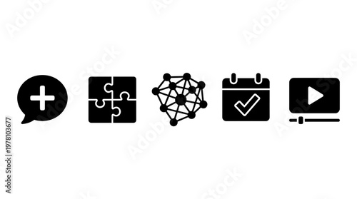 A set of modern flat black vector icons for various digital applications including communication, problem solving, networking, scheduling, and multimedia content.