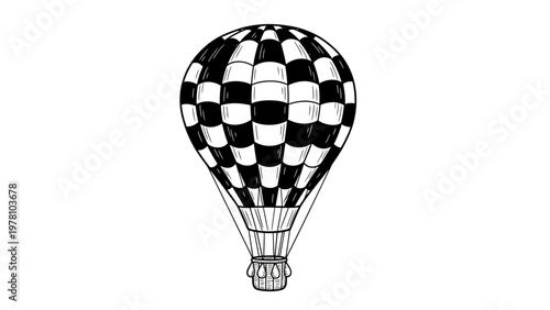 Black and white checkered hot air balloon, evoking a sense of adventure and freedom, suitable for travel themed projects, branding, or decorative purposes.