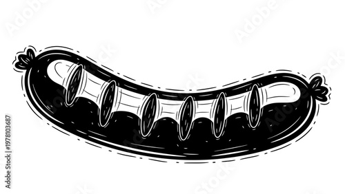 Bold monochrome graphic of a classic segmented sausage, perfect for food industry branding, menus, culinary themed decor, barbecue event advertising, or butchery related visual media.