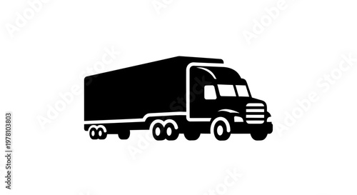 Black silhouette semi truck with trailer, perfect for transport, shipping, and logistics company branding, icons, and graphic presentations.