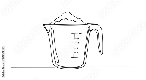 Single continuous line drawing of a measuring cup filled with powder, ideal for culinary themes, cooking blogs, recipe books, or kitchenrelated design projects.