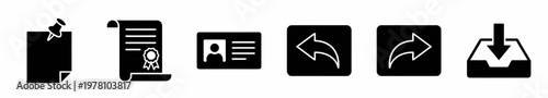 Collection of black silhouette icons pinned note, certificate, ID card, reply, forward arrows, and download box, useful for digital interfaces and user experience designs.