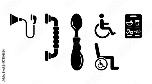 Disability icons set with adaptive phone, grab bar, ergonomic spoon, wheelchair symbols, and communication board for accessible living and supportive environments.