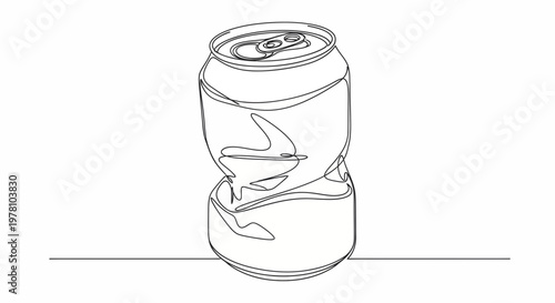 Minimalist one line art depicting a crushed soda can, symbolizing environmental protection and resource conservation for various ecofriendly projects.