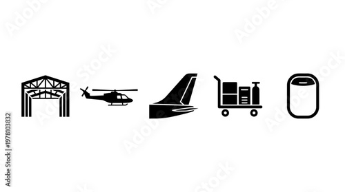 A set of aviationrelated black silhouette icons, including hangar, helicopter, aircraft tail, baggage cart, and airplane window, perfect for airport, travel, and transport themed visuals.