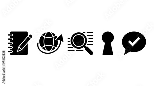 Set of essential digital icons depicting note taking, global communication, rapid search, security, and task completion, perfect for user interface and web application design.