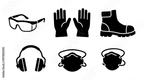 Collection of personal protective equipment icons for workplace safety, health, and industrial protection, ideal for training and regulatory documents.