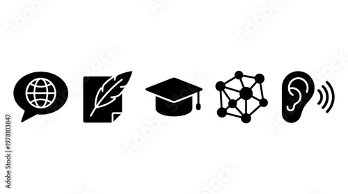 Collection of black glyph icons for communication, writing, learning, networking, and listening, ideal for educational or informational projects.