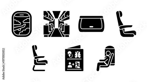 Set of glyph icons illustrating key aspects of air travel, including cabin view, passenger seats, overhead bin, and safety card, ideal for travelrelated applications.