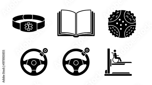 Glyph icons representing healthcare, education, viruses, and accessibility solutions like medical bracelets, adaptive driving, and wheelchair lifts for various awareness content.