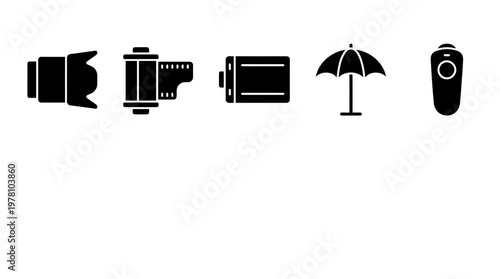 Collection of photography equipment symbols including camera lens, film, battery, umbrella, and remote, suitable for digital projects and creative layouts.
